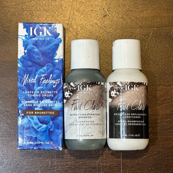 IGK First Class Shampoo & Conditioner 2oz and Leave-in Brunette Toning Drops 1oz - Picture 1 of 6